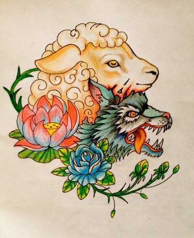 Furious wolf in sheep clothing woth rose and lotus flowers by Iop Designs