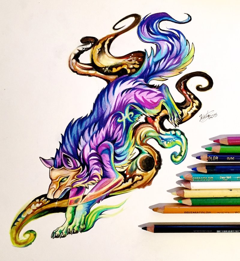 Galactic animal running on golden swirly line tattoo design by Lucky978