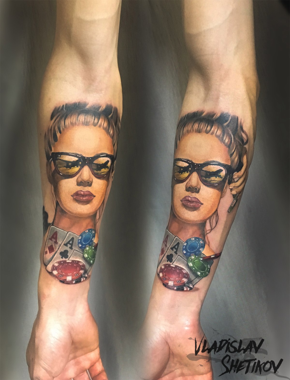 Gambling theme tattoo with cards and woman face