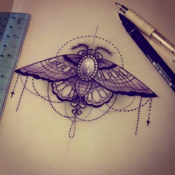 Gem-body moth with hanging lace tattoo design