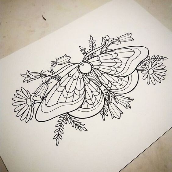 Gem-decorated moth on herbal background tattoo design