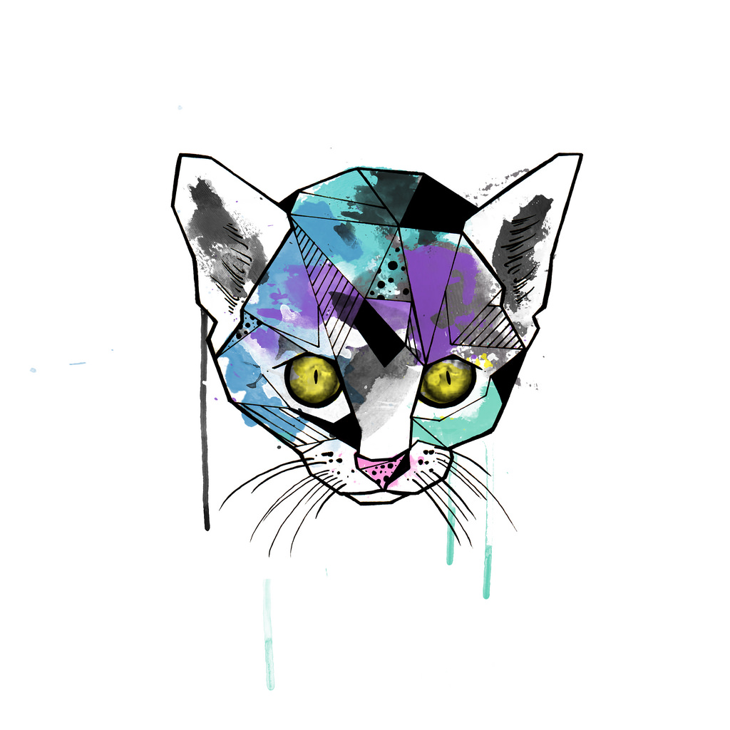 Geometric cat head with watercolor effect tattoo design