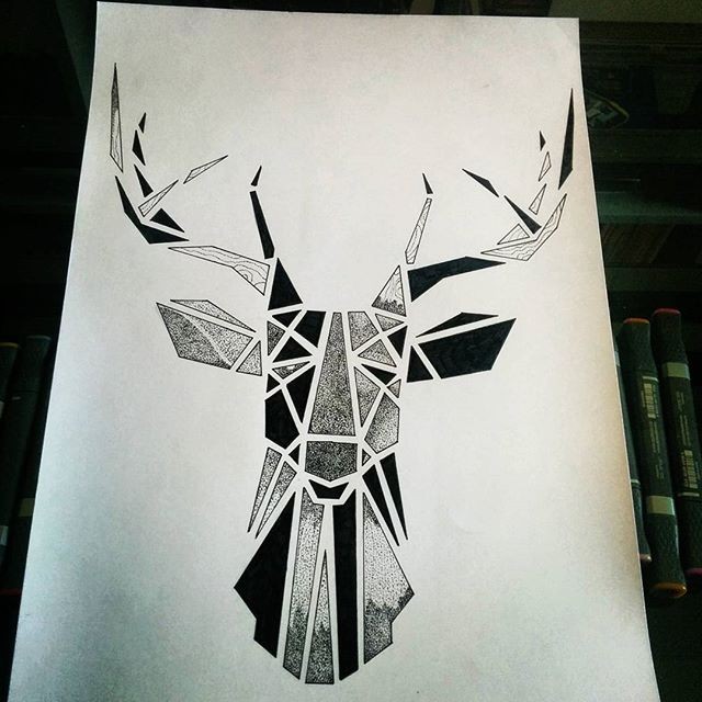 Geometric deer with full black and dotwork elements tattoo design