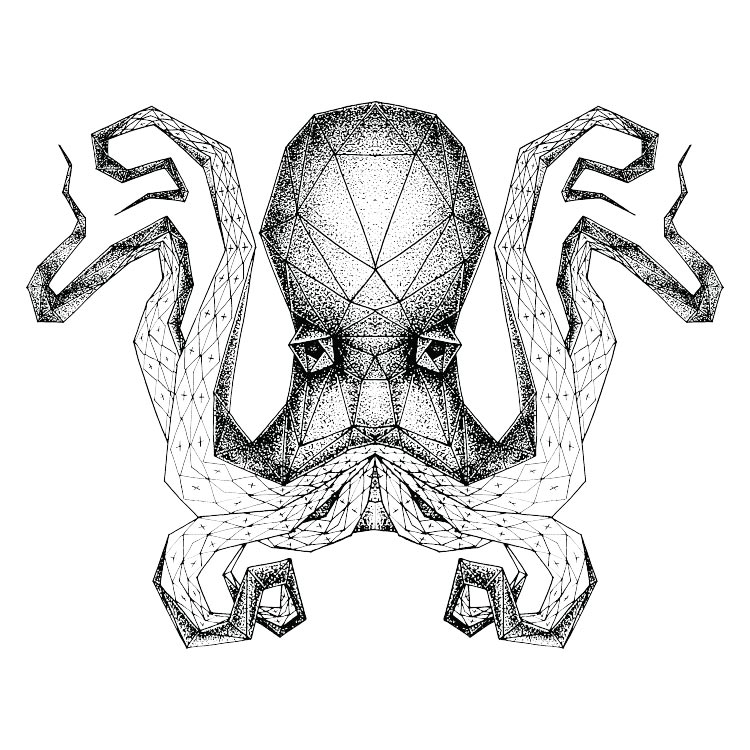 Geometric dotwork huge-head octopus tattoo design