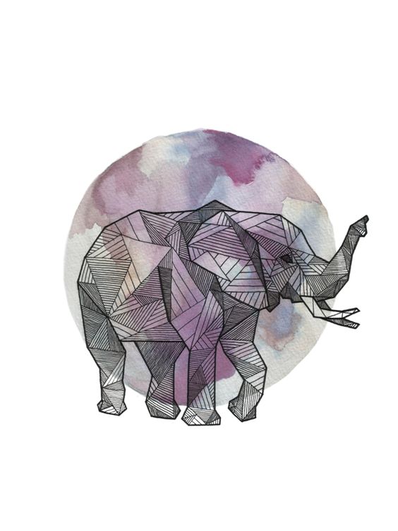 Geometric elephant on violet watercolor planet background tattoo design