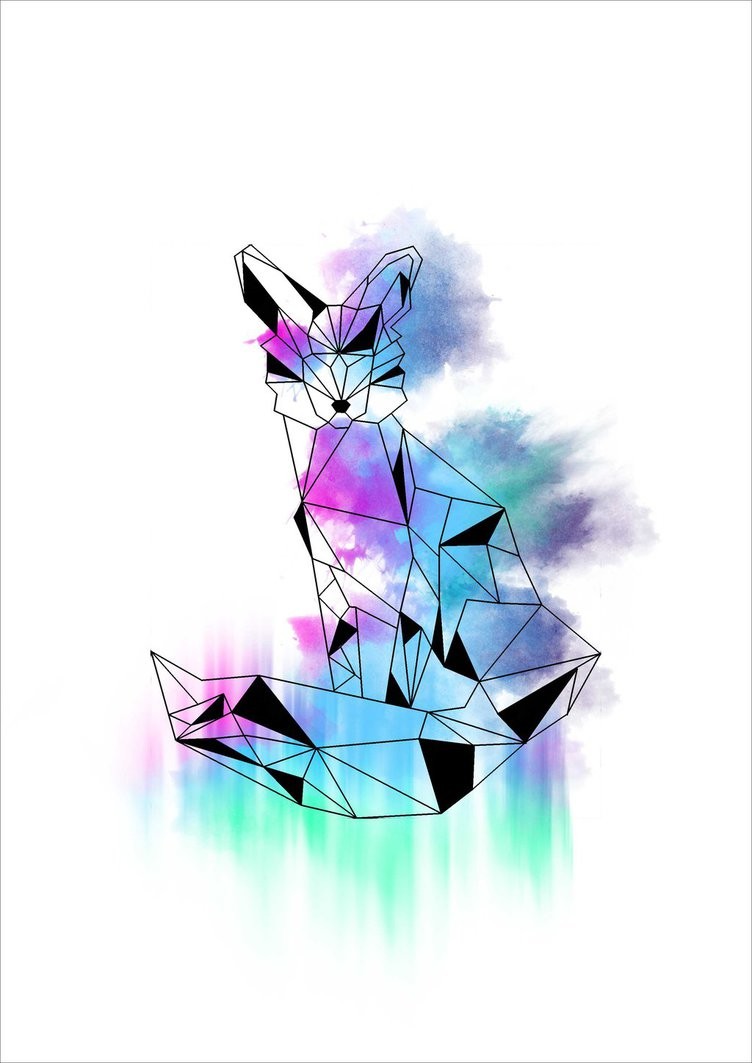 Geometric fox silhouette on purple watercolor background tattoo design by Auana Art