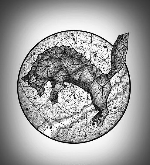 Geometric jumping wolf on drawing planet model tattoo ...
