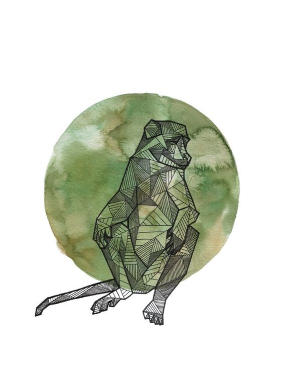 Geometric monkey on green watercolor circle background tattoo design