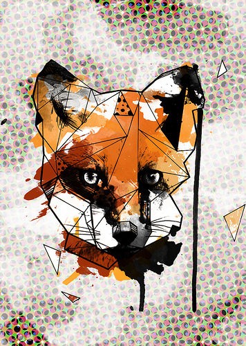 Geometric orange fox head with black smadges tattoo design