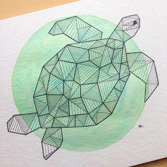Geometric turtle swimming on green watercolor circle background tattoo design