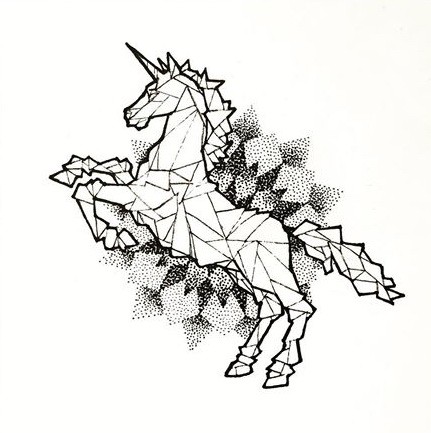 Geometric unicorn jumping on dotwork mandala background tattoo design