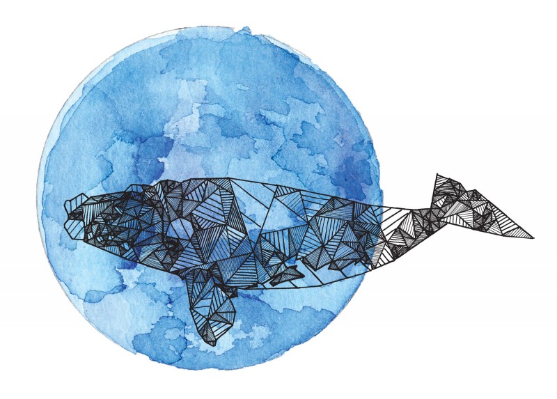 Geometric whale on blue watercolor circle tattoo design