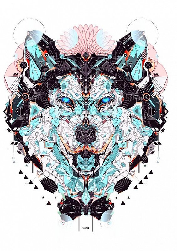 Geometric wolf portrait with turquoise elements tattoo design