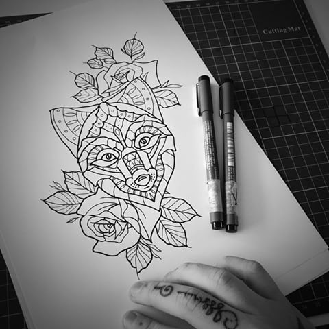 Geometric wolf with rose flowers tattoo design