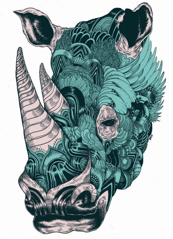 Georgeous tirquoise-color rhino head tattoo design