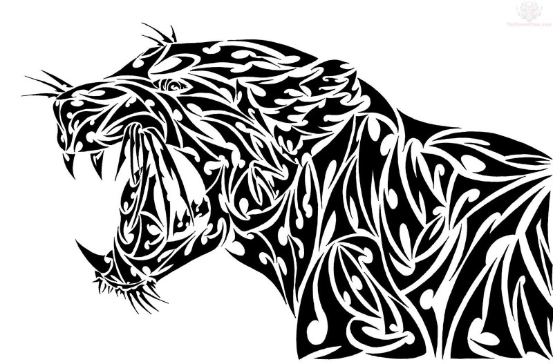 Giant black-ink tribal roaring jaguar tattoo design