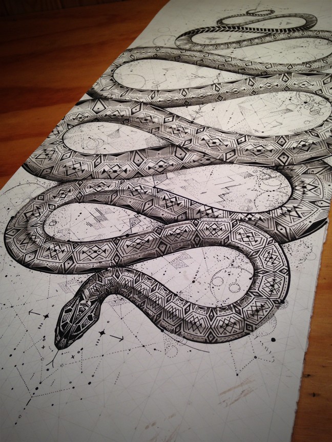 Gigant ornate snake crawling like infinity tattoo design