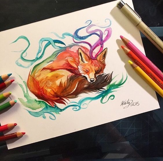Ginger sleeping fox and vivid color swirls tattoo design