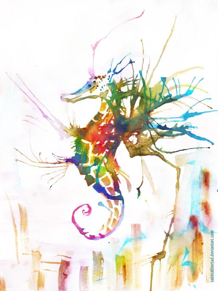Giraffe-patterned seahorse with rainbow watercolor splashes tattoo design