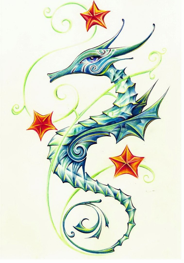 Girly blue-ink seahorse and three red stars tattoo design
