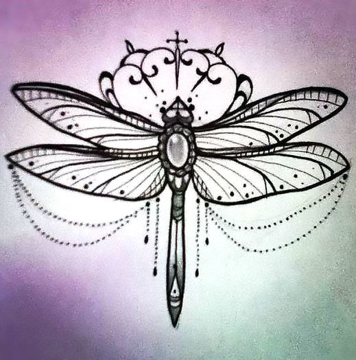 Girly dragonfly with gem body and lace decorations tattoo design