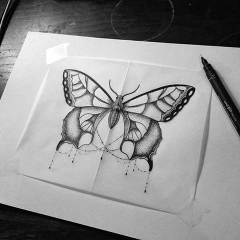 Girly grey dotwork butterfly with lace tattoo design