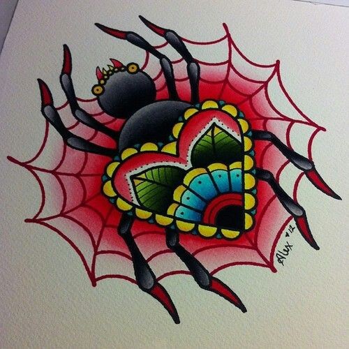 Girly old school spider with flowered heart on net tattoo design