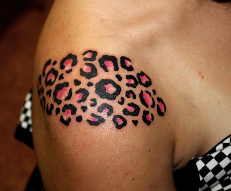Girly pink cheetah print tattoo on shoulder