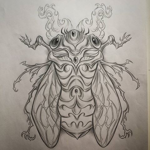 Girly swirly-patterned bug with smoky horns tattoo design