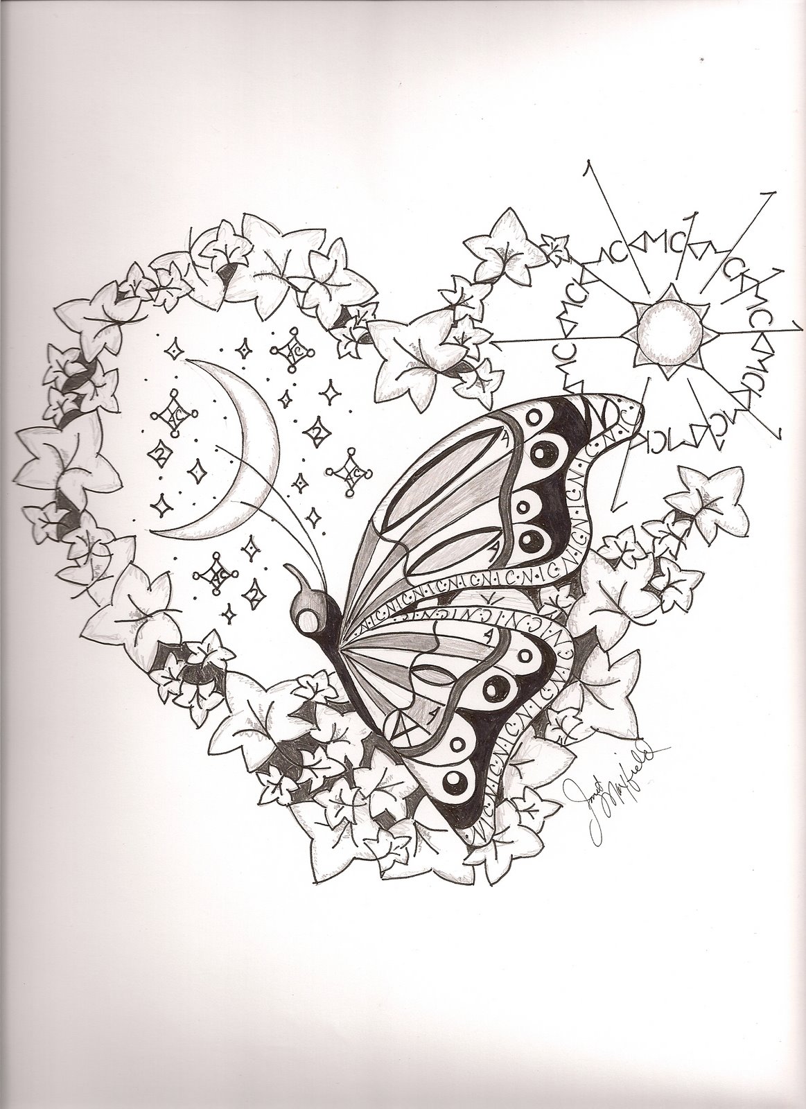 Girly uncolored butterfly in decorated heart frame tattoo design
