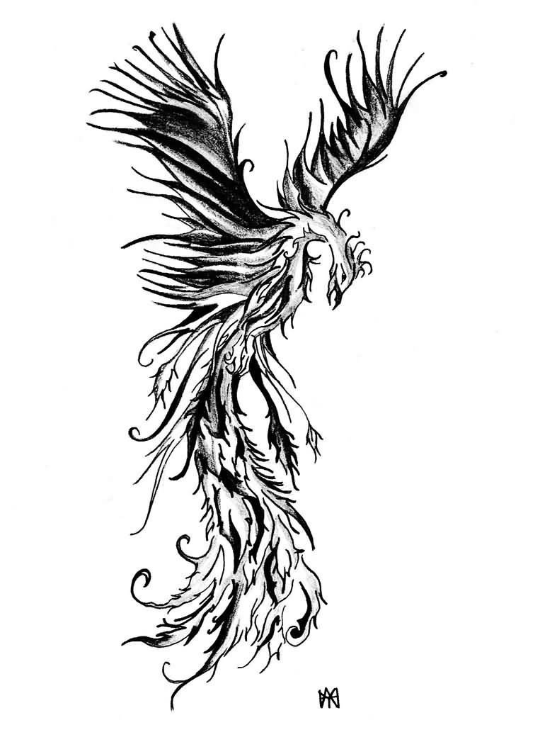 Glad grey-and-black pencilwork phoenix tattoo design