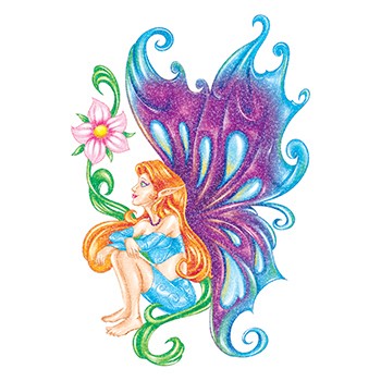 Glitter blue-and-purple fairy with ginger hair and a flower tattoo design