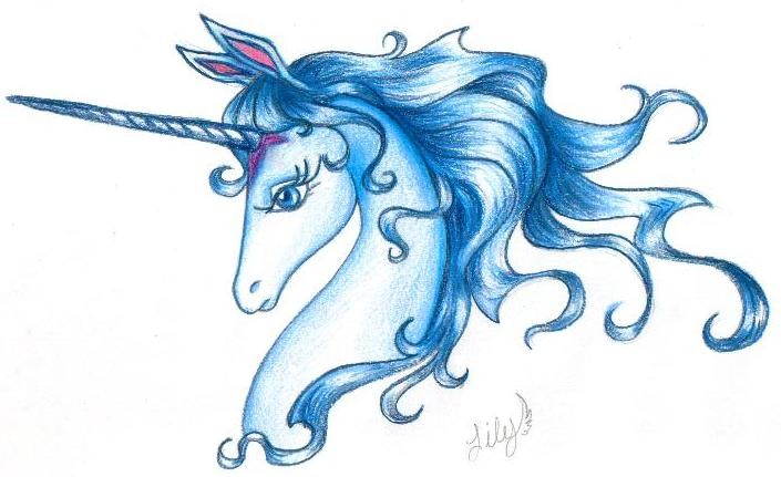 Glorious blue-ink cartoon unicorn portrait tattoo design