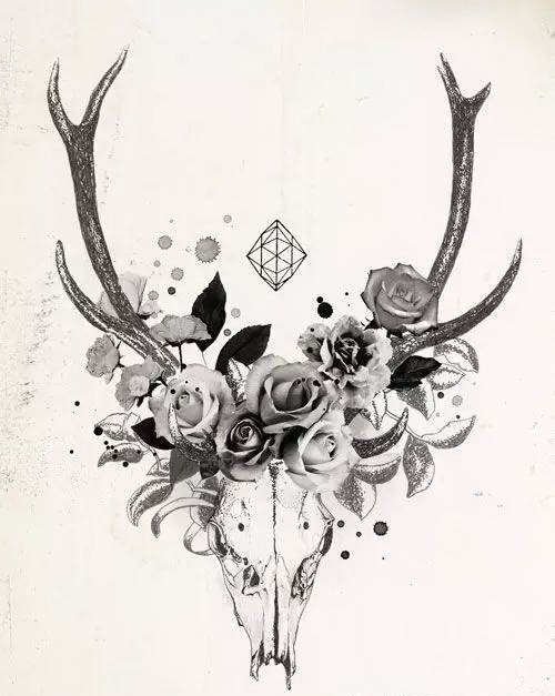 Glory black-and-white deer skulled wreathed with flowers tattoo design