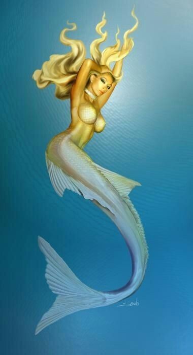 Golden-skin mermaid with blue tail tattoo design