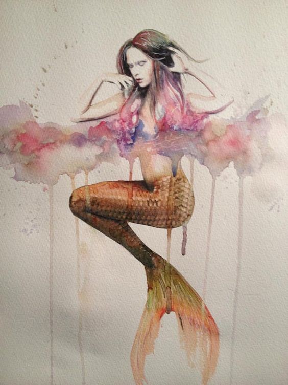 Golden tail mermaid swimming in pink watercolor water tattoo design