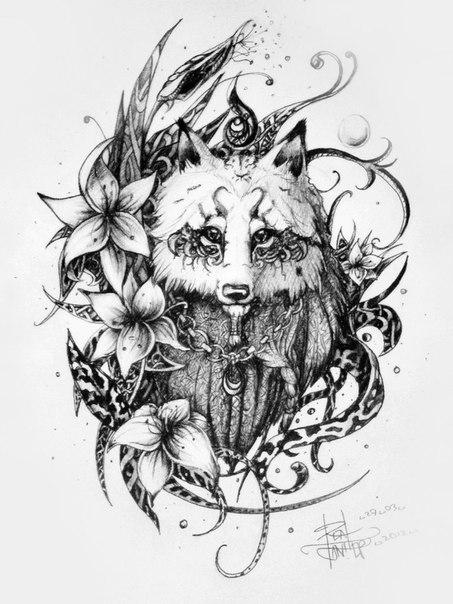 Good-natured wolf surrounded with lily flowers tattoo design