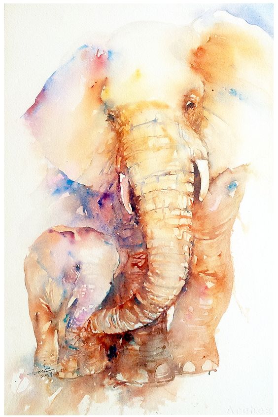 Good brown watercolor elephant family tattoo design