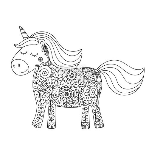 Good folk floral patterned unicorn with closed eyes tattoo design