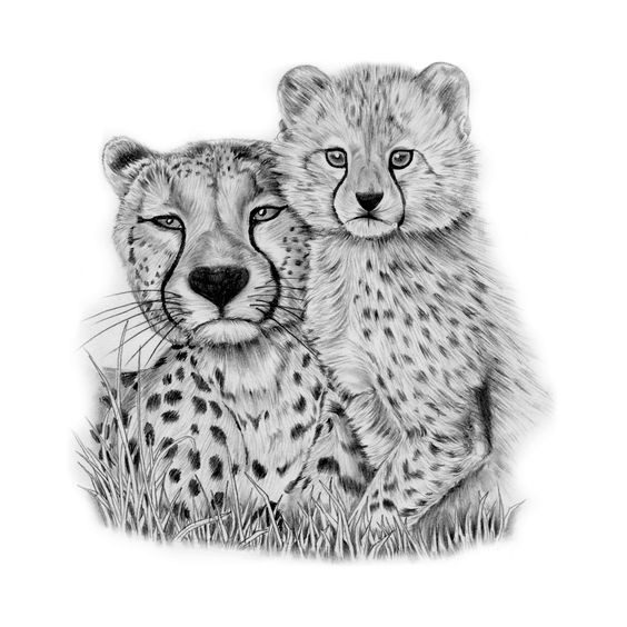 Good grey-ink cheetah mom and her cub tattoo design