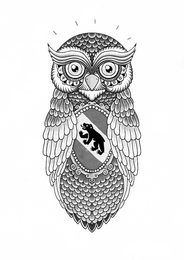 Good grey owl in bear-sign stripe tattoo design