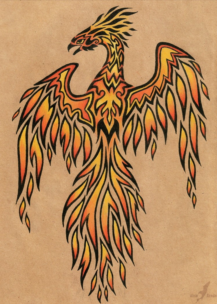Good orange phoenix with black contouring tattoo design