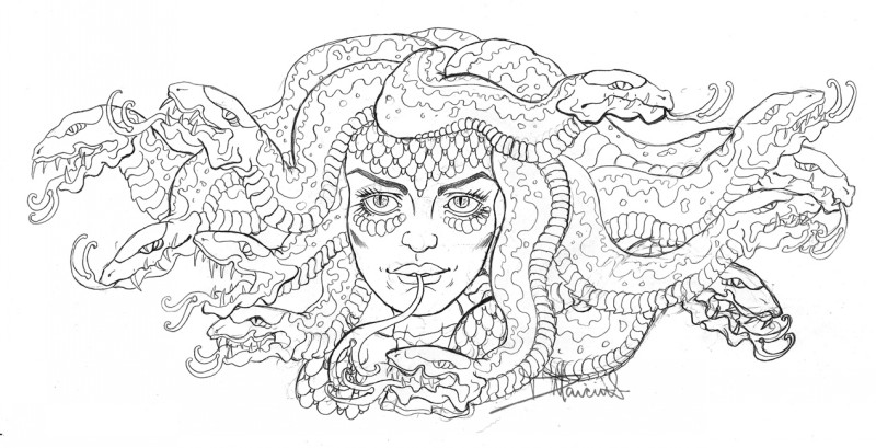 Good outline smiling medusa gorgona with a lot of snakes tattoo design