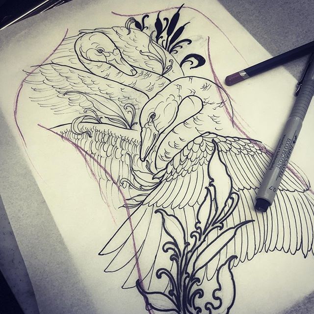 Good outline swan couple and reed tattoo design on full back