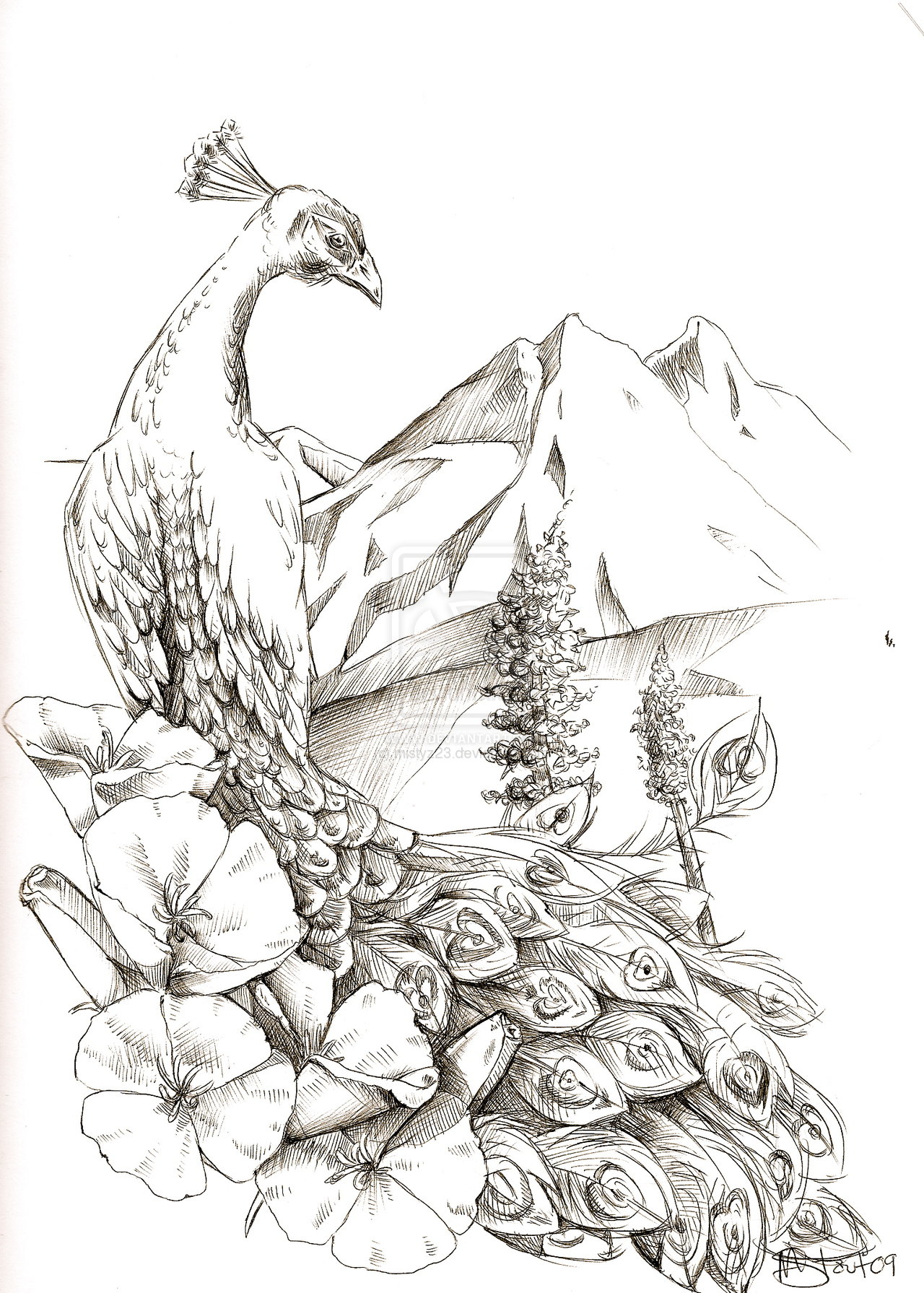 Good peacock with flowers on mountain background tattoo design