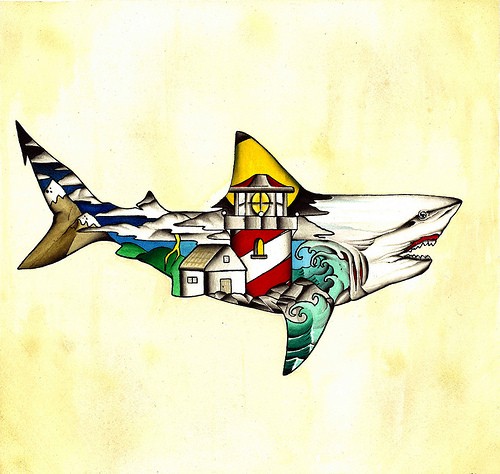 Good shark with multicolor lighthouse view inside tattoo design