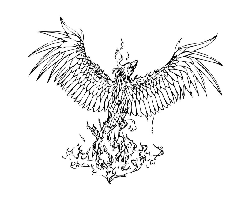 Good uncolored rising phoenix tattoo design
