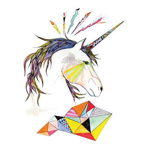 Good unicorn head with multicolor geometric elements tattoo design