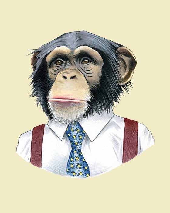 Gorgeous colored chimpanzee businessman in white shirt with tie tattoo design