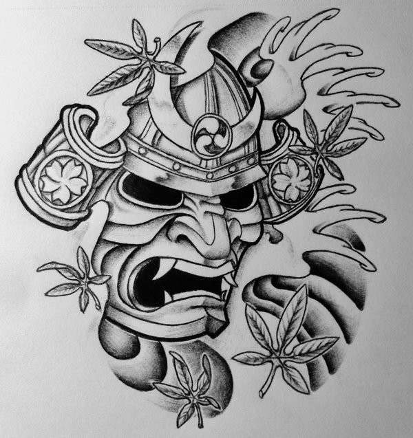 Gorgeous grey-ink demon samurai with waves and maple leaves tattoo design